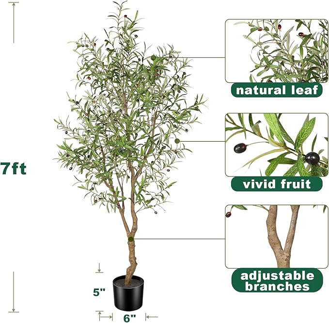 7ft Faux Olive Tree - Fake Potted Olive Silk Tree with Planter Natural Olive Branches and Realistic Leaves Artificial Tree for Home House Office Decor Indoor