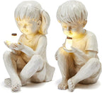 Large Garden Children Statues Light Up Firefly Jar Solar Powered | Set of 2 Figurines | Girl & Boy Garden Yard Art Décor, Indoor & Outdoor Ornament Gifts for Lawn, Patio , 7.5" W x11. 8”H Cream Gift