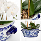 Briful Orchid Artificial Flowers in Blue and White Porcelain Pot 19.7" White Faux Silk Orchid Arrangement Large Fake Orchid Floral Centerpiece for Elegant Home Office Living Room Kitchen Table Decor