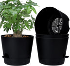 12 Inches Indoor Self Watering Planters with Drainage Holes and Saucers, 4 Pack (Black)