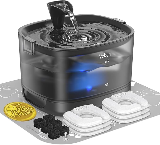 Veken Cat Water Fountain with Detachable Tank & Secure Clips, 6 Filters & Sponges, Easy to Clean & Assemble, 85oz/2.5L Quiet Pet Drinking Dispenser with LED Light for Cats, Dogs and Small Pets, Black