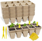 SYITCUN Seed Starter Tray 100 Cells, Biodegradable Peat Pots for Seedlings, 10 Pack 1.8" Square Pulp Nursery Cups with 100 Plant Labels and 2 Transplant Tools for Vegetable Herb