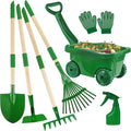 Duckura Kids Gardening Tools Set - 7pcs Wheelbarrow Set for Kids with Shovel, Rake, Leaf Rake, Summer Outdoor Yard Digging Weed Birthday Gifts Toys, Easter for Boys Girls Age 2 3+ Years(Green)