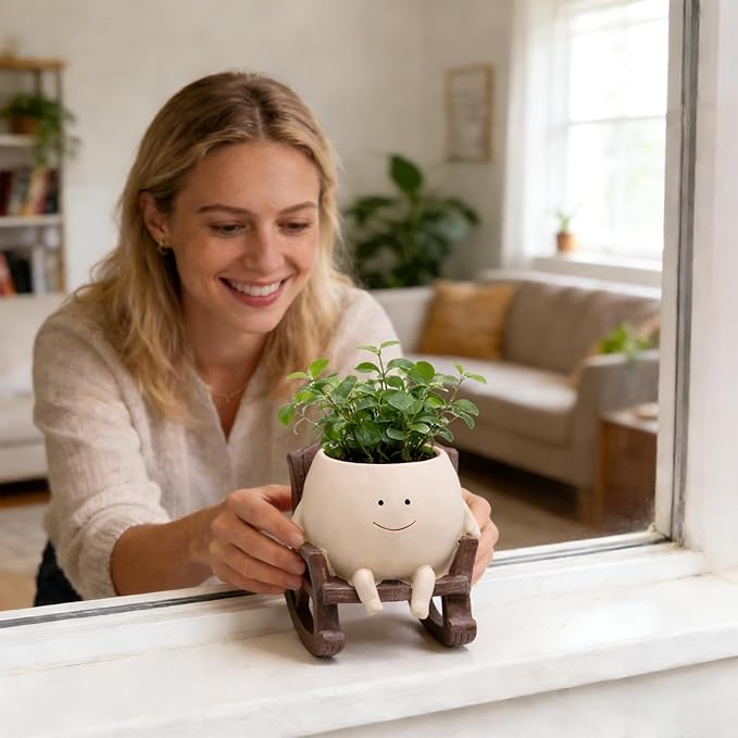 Smile Face Rocking Chair Planter Pot for Indoor Outdoor Plants, Unique Sit Rocking Chair Succulent Flower Pots, Cute Head Planters with Drainage Hole - Gift IdeaI for Mother and Grandma