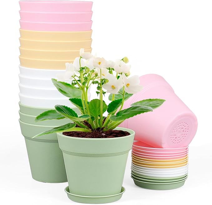 Meowell 6 inch Plastic Nursery Pots, 16 Pack Plant Pots for Indoor Outdoor Plants, Flower Pots with Drainage Holes and Saucers, Decorative Seedling Starter Planters for House Plants, Colorful