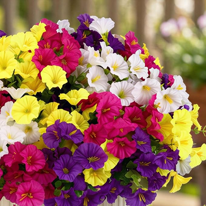 CEWOR 24 Bundles Artificial Flowers for Outdoor Indoor, Fake Silk Morning Glory with Eucalyptus Leaves, Faux Flower for Garden Front Door Porch Planter Patio Home Decor (Fuchsia Yellow White Purple)