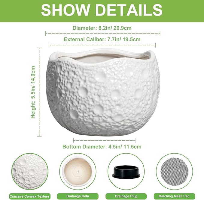 Ceramic Plant Pot - 8 Inch Round Planter with Drainage Hole, Decorative Plant Pots for Indoor Outdoor Plants, Modern Unique Flower Pots, House Living Room Decor, Housewarming Gifts, White