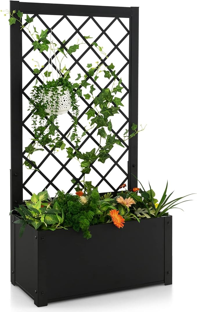 Giantex 44" Metal Raised Garden Bed with Trellis, Elevated Vertical Planter with Garden Trellis for Vine Plant Flower Climbing, Indoor & Outdoor Use Plant Box for Yard Garden Balcony