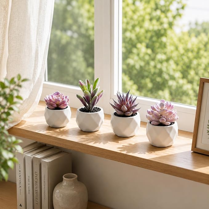 Tiita Purple Artificial Faux Succulents in Pots, Mini Purple Fake Plants for Women Desk, Small Realistic Faux Succulents for Home Office Accessories Window Sill Bathroom Bedroom 4 Set