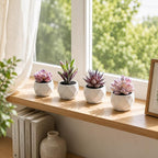 Tiita Purple Artificial Faux Succulents in Pots, Mini Purple Fake Plants for Women Desk, Small Realistic Faux Succulents for Home Office Accessories Window Sill Bathroom Bedroom 4 Set