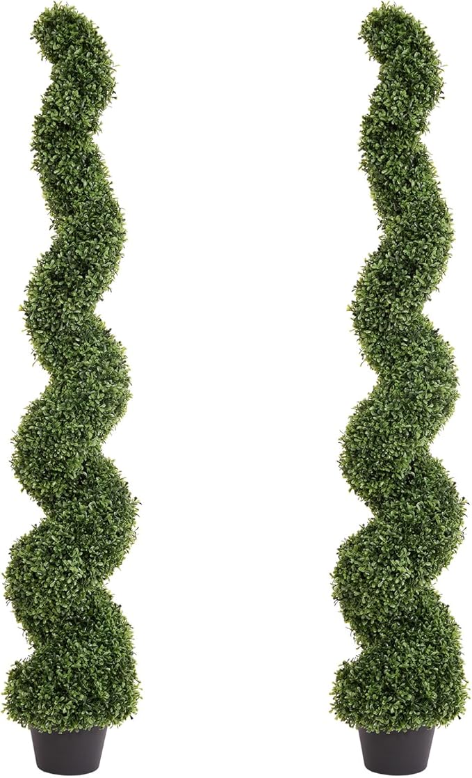 THE BLOOM TIMES 5ft Spiral Topiary Trees Artificial Outdoor Set of 2, Faux Boxwood Plants Outside - All-Year Green Fake Twisted Tree for Garden Front Porch Planter Decor 5 Foot