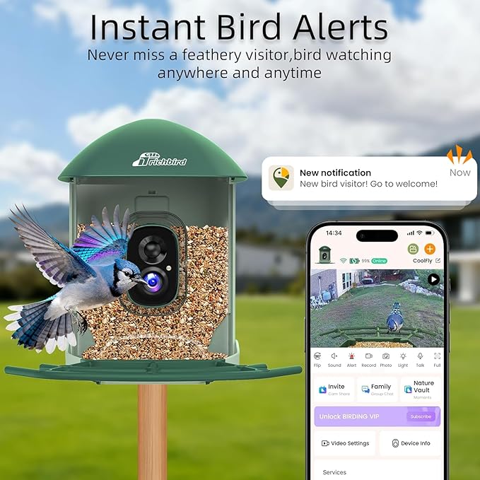 Smart Bird Feeder with 4MP HD Camera, Birdwatching Camera with Free AI Identify Birds & Solar Panel for Outdoors, Auto Video Capture & Instant Notifications,for Dad Granpa Birdlovers,Green