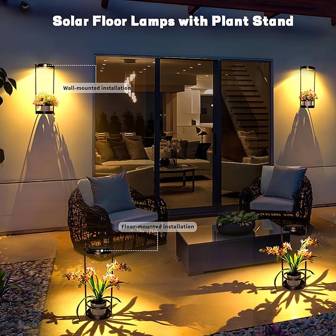 Solar Floor Lamps with Plant Stand, 3 Color Temperatures Solar Outdoor Lights, Metal Hanging Plant Holder Outdoor Wall Sconce for Garden Yard Patio Balcony (Black)