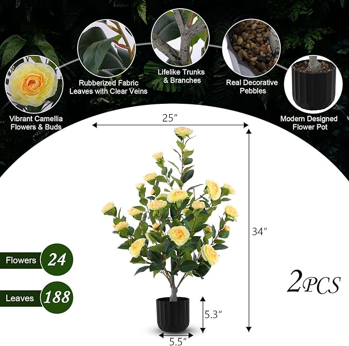 Hananona 2 Pcs Artificial Camellia Trees Faux Camellia Plant in Pot with Flowers Indoor Plants for Spring Home Decor Outdoor Porch Front Door Decor (Yellow, M)