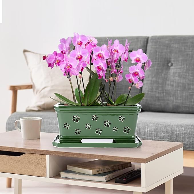 Orchid Pot with Holes12 Inch Ceramic Plant Pots with Drainage Holes and Tray, Promoting Air Circulation and Drainage, Indoor/Outdoor Green Flower Pots
