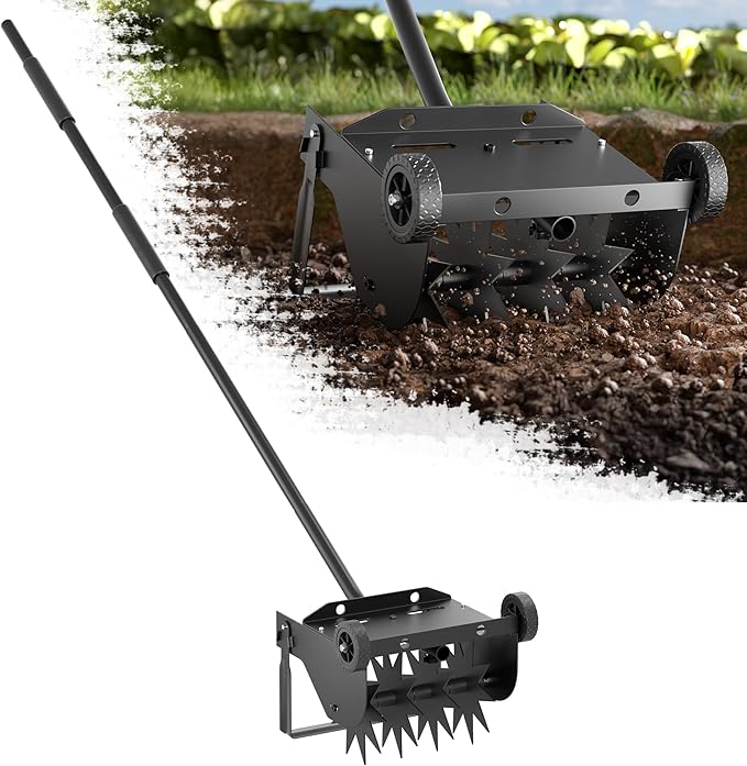 Lineware 9-Inch Lawn Aerator,Heavy Duty Push Spike Aerator with 2 Wheels,Aerator Lawn Tool with Steel Handle, Manual Aerator Lawn Tool with Foam Armrests, Suitable for Lawn, Garden and Yard