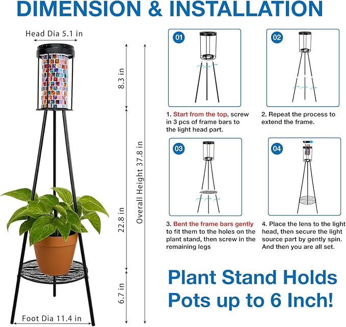 Outdoor Lamps for Patio 2 Pack, Outdoor Floor Lamp with Plant Stand, Solar Powered RGB Outdoor Lights, Waterproof Standing Lamp for Garden Yard Décor, Stained Glass Decorative Lamp, Gift for Women Mom