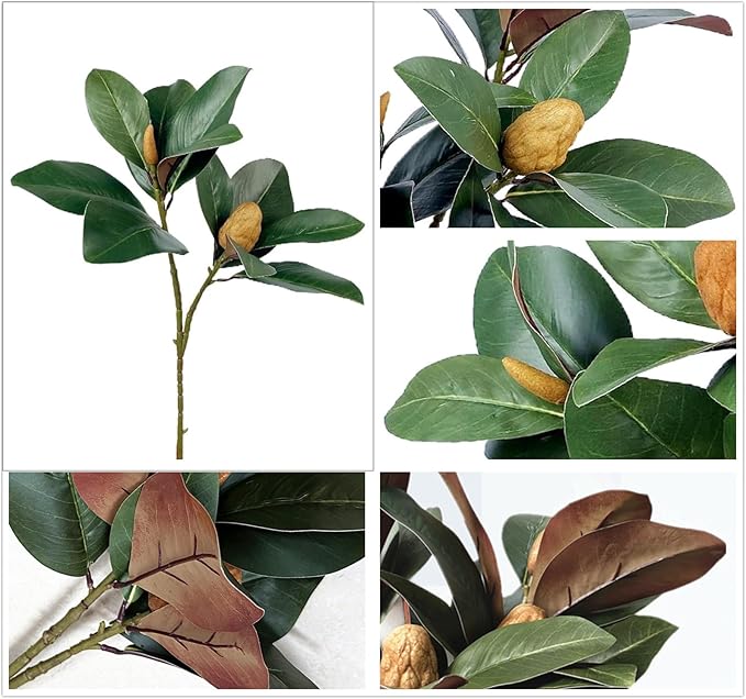 Artificial Magnolia Plants 18 Inch, Fake Magnolia Leaves Stems Faux Greenery Big Leaf Branches Shrubs Houseplant Decor for Indoor Outdoor Home Garden Wedding Table Centerpiece Vase Decoration 2 Pack