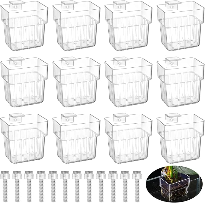 12 Pack Top Hanging Fish Tank Plant Pot Clear Aquarium Plant Holder with Hook Aquatic Plant Cup Holder Aquarium Aquatic P-lant Pot Water Landscape Decoration for P-lant Water Feature Decoration
