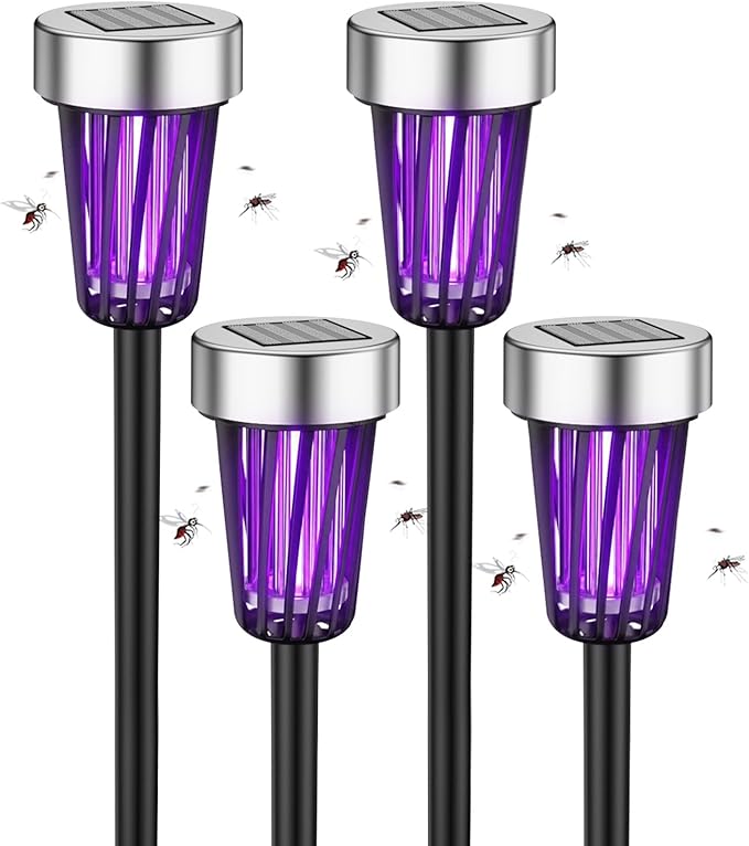 2026 Mosquito Repellent Outdoor Patio Solar Bug Zapper Outdoor Mosquito Zapper for Moths,Gnats,Flies,Small Flying Insect,Electric Fly Zapper for Backyard,Garden,Gnat Killer for Flower Beds,Walkway4PCS