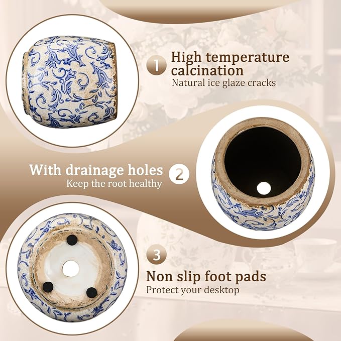 SiliFine Vintage Ceramic Flower Pot with Ice Crackle Rustic Planter with Drainage Holes for Indoor and Outdoor Decor Home Living Room Garden Decor Gardening Gift(Vintage Style)