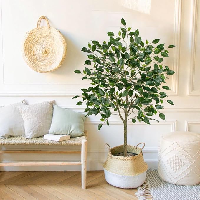 2 Pack Ficus Artificial Trees for Outdoors Indoor, 4ft Big Fake Plants with Pot and Realistic Leaves, Faux Plants Tall Outdoor for Home,Office, Living Room, Garden Decor