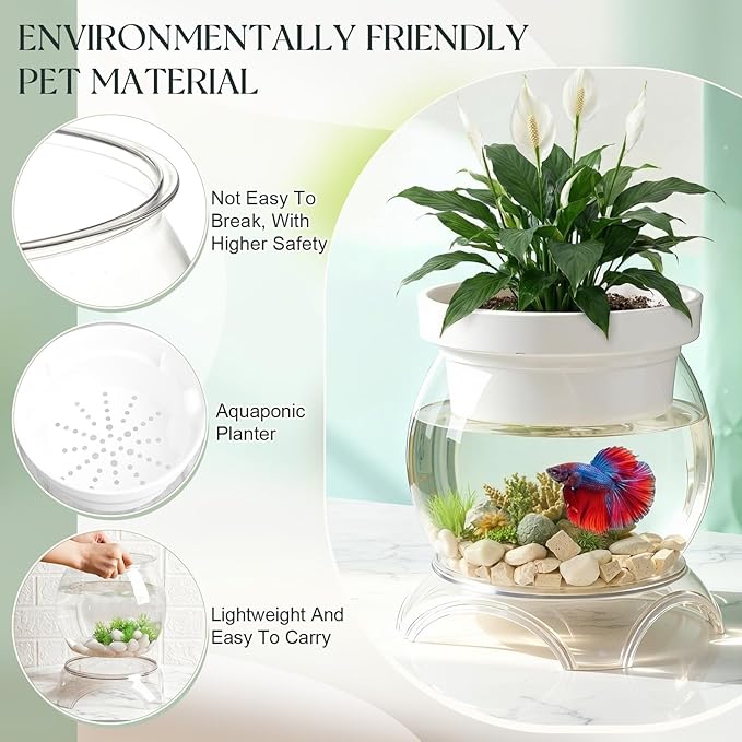 Geelin 0.5 Gallon Plastic Aquaponic Betta Fish Tank Aquaponic with Base and Top, Small Bowl Shatterproof Ecosystem Aquarium with Clear Clarity for Terrarium, Flower Vase Betta Fish Centerpiece Gifts