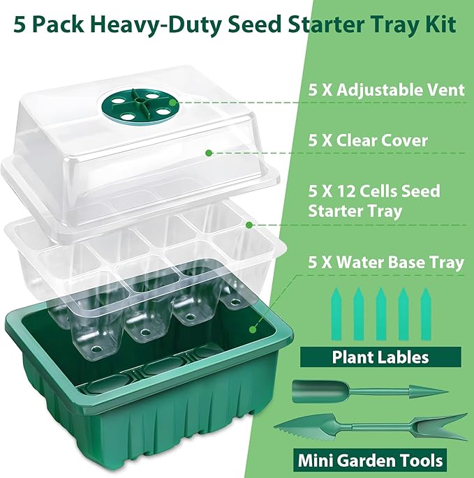 Sfee 5 Pack Seed Starter Tray Kit, 60 Cells Seedling Starter Trays with Humidity Dome and Base Greenhouse Growing Trays, Reusable Seed Germination Seedling Tray with Garden Tools Labels (Green)