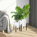 ARNIS Modern Plant Pots, Set of 2 Large Planters with Stand, Decorative Planters, Metal Pots with Drainage Holes for Living Room, Office, Garden or Balcony, 8.25 &10.5 Inch, White