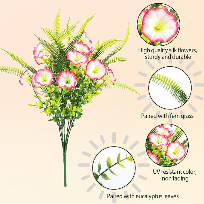Artificial Flowers for Outdoors 12 Bundles Pink Artificial Petunias Fake Flowers UV Resistant Shrubs Plants with Fern for Indoor Outside Hanging Planters Home Garden Spring Decorations