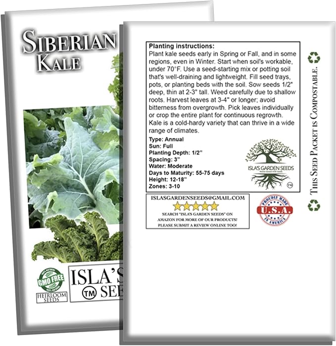 Siberian Kale Seeds for Planting – 1000+ Non-GMO & Heirloom Seeds by Isla's Garden Seeds, Brassica Napus, Cold-Tolerant Leafy Green, Fast-Growing Vegetable, Great Gift for Home Gardeners