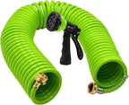 AUTOMAN Recoil Garden Water Hose 50 ft, EVA Curly Water Hose with Brass Connectors, Garden Hose Coil,Includes 7-Pattern Function Sprayer,Retractable,Corrosion Resistant Garden Coil Hose.Green