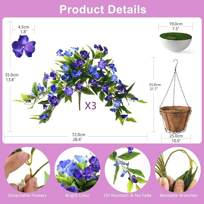 Hommyea Artificial Fake Hanging Flowers Plants Basket for Outdoors Outside Decoration UV Resistant Faux Silk Flowers Look Real Plastic Flowers for Spring Planters Home Porch Patio Garden Decor