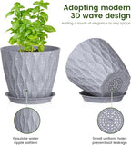 Meowell 7/6.5/6/5.5/5/4.5/4 inch Plant Pots for Indoor Outdoor Plants, 7 Pack Thick Flower Pots with Drainage Holes and Saucers, Modern Wave Texture Plastic Planters Nursery Pots, Speckled Grey