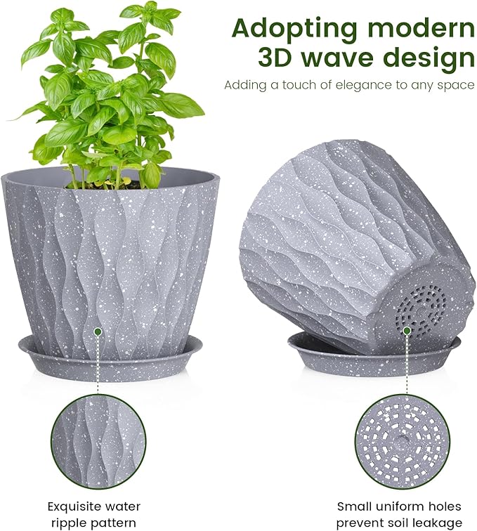 Meowell 7/6.5/6/5.5/5/4.5/4 inch Plant Pots for Indoor Outdoor Plants, 7 Pack Thick Flower Pots with Drainage Holes and Saucers, Modern Wave Texture Plastic Planters Nursery Pots, Speckled Grey