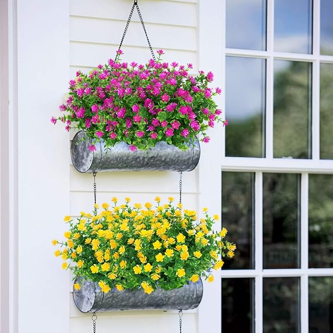 6 Bundles Outdoor Artificial Flowers UV Resistant Fake Boxwood Plants, Faux Plastic Greenery for Indoor Outside Hanging Plants Garden Porch Window Box Home Wedding Farmhouse Decor (Magenta)