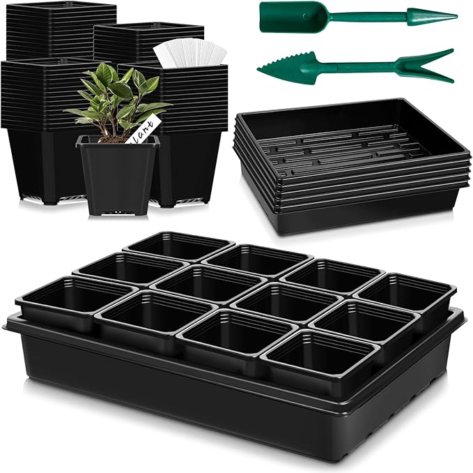 mwellewm 5 Pcs Seed Starter Tray, 3.5 Inch (9CM) 60 Pcs Nursery Pots Kit, Thickened Seed Starting Trays Square Seedling Pots for Plants Sturdy Microgreens Growing Trays Reusable Germination Tray