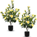 Hananona 2 Pcs Artificial Camellia Trees Faux Camellia Plant in Pot with Flowers Indoor Plants for Spring Home Decor Outdoor Porch Front Door Decor (Yellow, M)