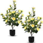 Hananona 2 Pcs Artificial Camellia Trees Faux Camellia Plant in Pot with Flowers Indoor Plants for Spring Home Decor Outdoor Porch Front Door Decor (Yellow, M)