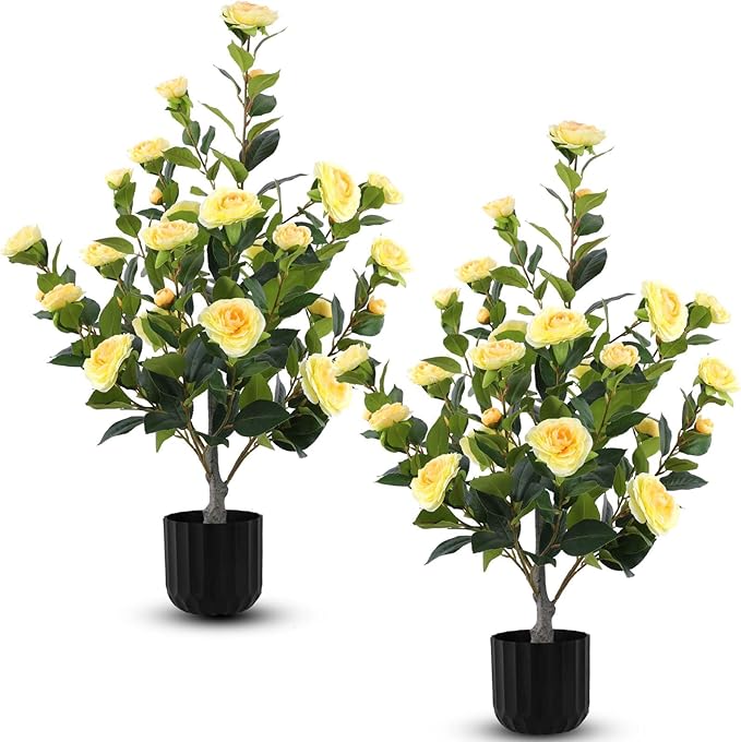 Hananona 2 Pcs Artificial Camellia Trees Faux Camellia Plant in Pot with Flowers Indoor Plants for Spring Home Decor Outdoor Porch Front Door Decor (Yellow, M)