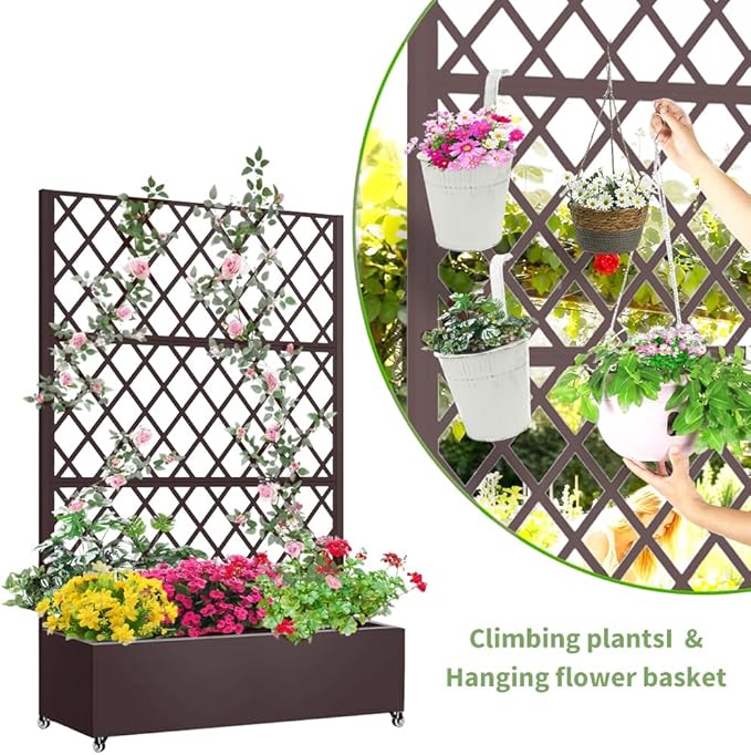 Metal Planter Box with Privacy Screen Trellis,Galvanized Raised Garden Bed On Wheels for Climbing Plants Vines, Standing Garden Flower Bed with Drainage Holes (Espresso, 47" L x16 W x 73" H)