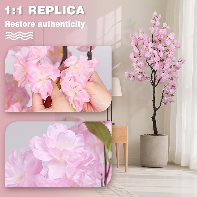 Artificial Pink Cherry Blossom Tree 7ft(84in) Tall Fake Silk Leaves Indoor Decor Handmade Lifelike Sakura Tree for Wedding Realistic Cherry Plant in Pot for Home Living Room,Office,Outdoor Decor