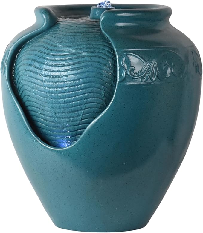 Teamson Home Floor Glazed Pot Water Fountain with Built-in LED Light and Pump for Outdoor Indoor Patio Garden Backyard Decking Home Décor, 17 inch Height, Teal