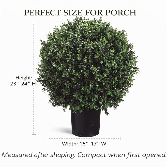 Real Touch Leaves Artificial Topiary Trees, 24" T with 17" W Faux Boxwood, Set of 2 UV Resistant Plants, Decorative Indoor Outdoor Trees with 6"x5" Pots for Home, Office, and Garden Decor