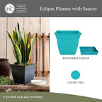 The HC Companies Eclipse Square Plastic Planter w/Attached Saucer - Outdoor & Indoor Plant Pot with Drainage Holes - Lightweight, UV-Resistant Plastic Pots for Plants (6" Teal, Pack of 1)