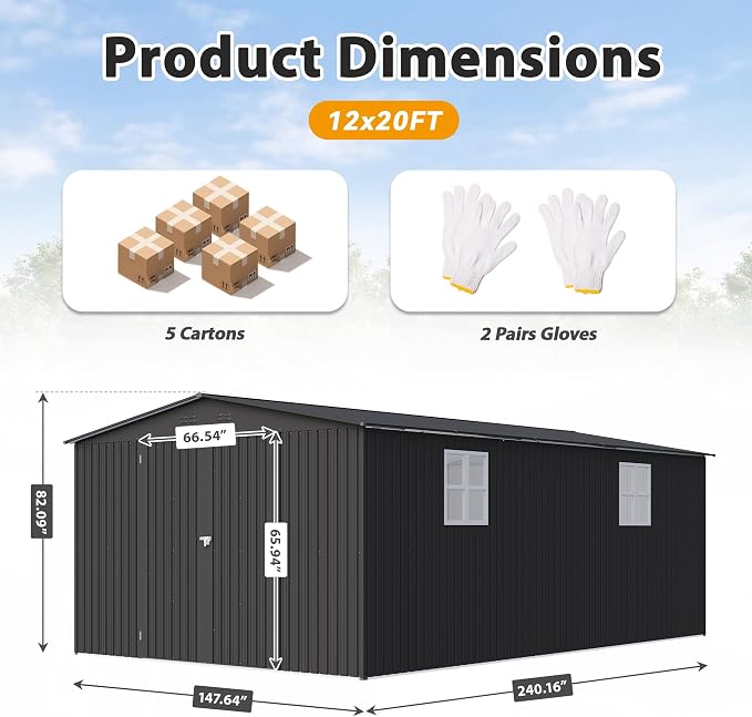 12x20 FT Outdoor Storage Shed, Metal Garden Shed with Lockable Door & Sloped Roof, Large Waterproof Utility Tool Shed for Backyard, Garden, Patio, Lawn, Black