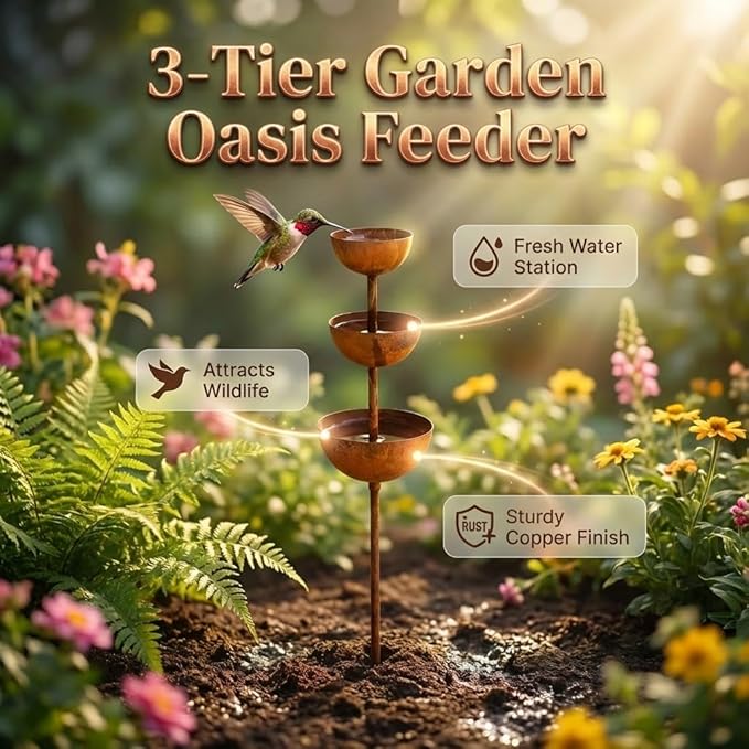 Rain Catcher - Plant Support, Rust Patina Metal Rain Catcher Garden Stake with Water Bowl, Decorative Outdoor Yard Accent & Memorial Day Backyard Decor (3pcs)