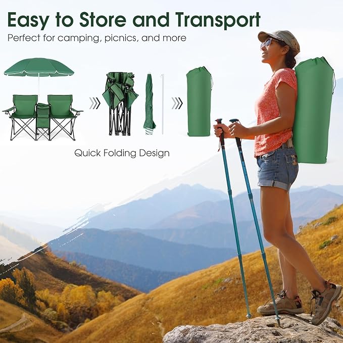 Goplus Double Camping Chair with Umbrella, Folding Loveseat Chairs w/Canopy Shade, Carrying Bag, Table, Cup Holder, Portable Beach Chairs Outdoor Picnic Patio (Green)