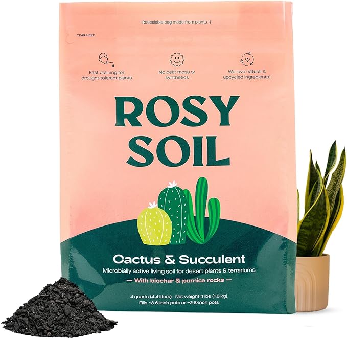 Rosy Soil Cactus and Succulent Organic Potting Soil Mix for House Plants - Fast Draining, Root Boosting, Peat-Free, Less Prone to Gnats - Drought-Tolerant -for AloeVera, Cacti, Indoor Succulents- 4qt