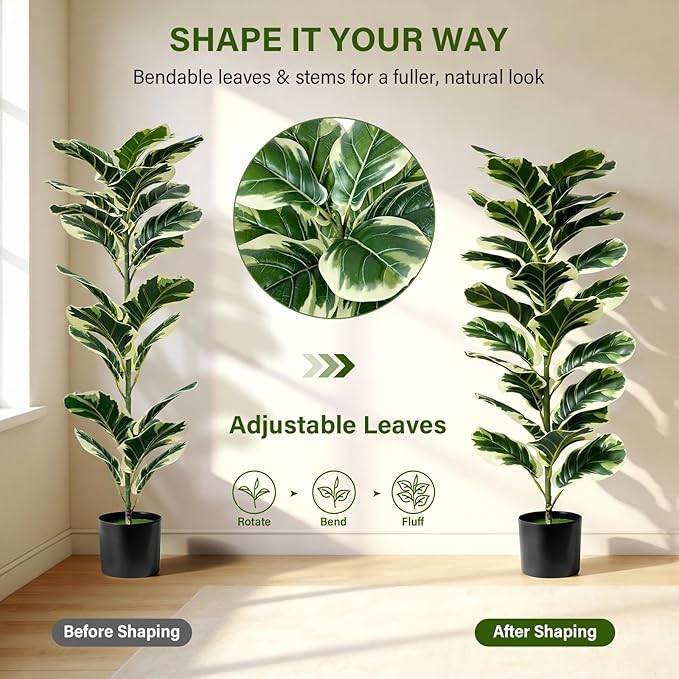 Set of 2 Fiddle Leaf Fig Tree 40'' Fake Tree Plants Artificial Decor with Green Artificial Turf Artificial Indoor Plants Small Fake Plants for Office Bathroom Bedroom Living Room(Variegated)